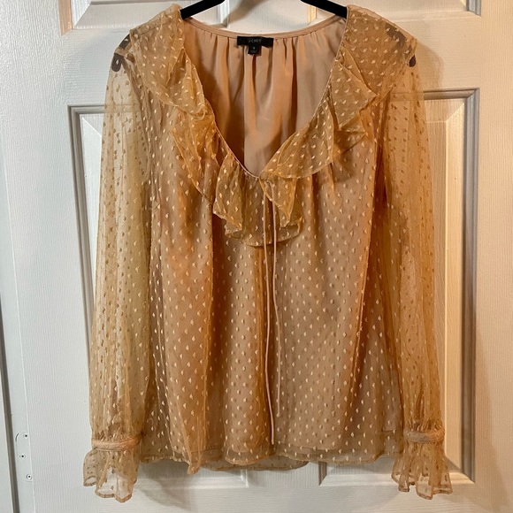 J. Crew Ruffleneck top clip dot bronzed clay nude long sleeve v-neck BD756 small - Picture 2 of 12